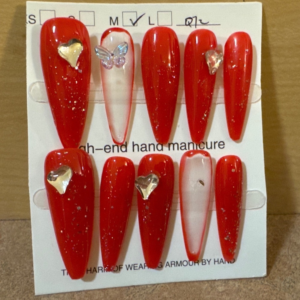 Red Heart Butterfly Press On Nails Long Almond Stiletto High-End Hand Manicure M